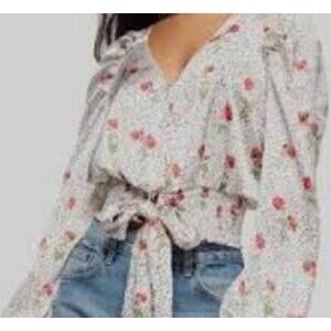 Topshop Satin Top 12 Polka Dot Floral Tie-Waist Balloon Sleeve White Red